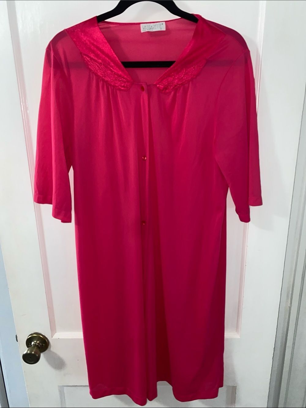 Vintage Vassarette Fuchsia Pink Sheer Snap-Front Robe with Shiny Collar